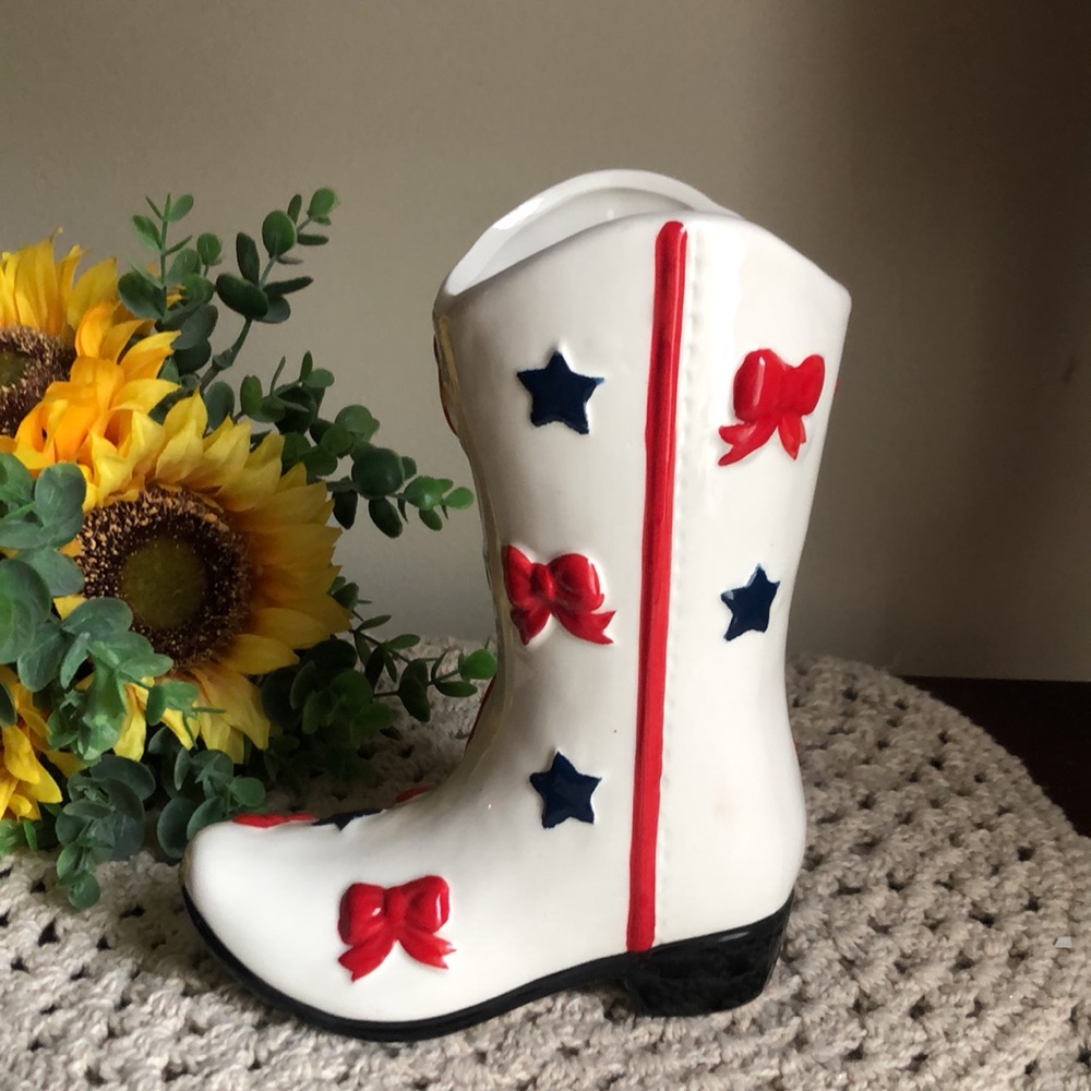 Decorative White Ceramic Cowboy Patriotic Boot with Red Bows and Blue Stars - Picture 7 of 10